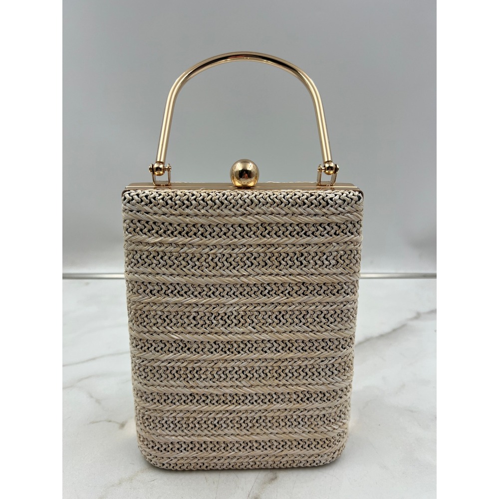Perfect Image Upright Clutch Woven Straw Purse Bag Gold Handle Crossbody Natural